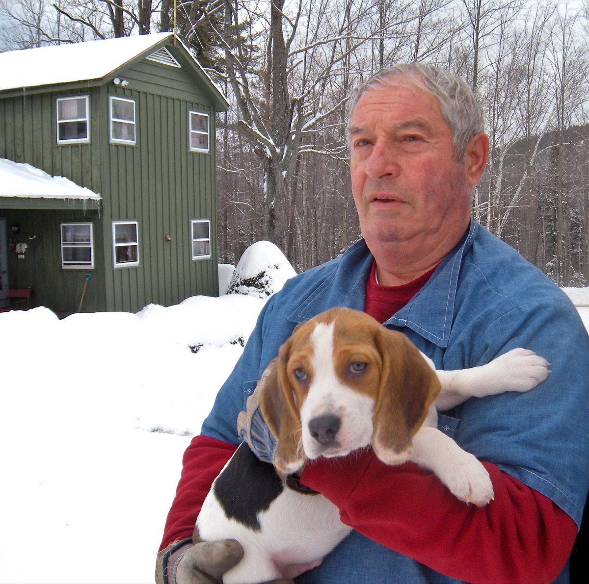 Mike Capozzi holding a Patch hound puppy at his North River, NY kennel